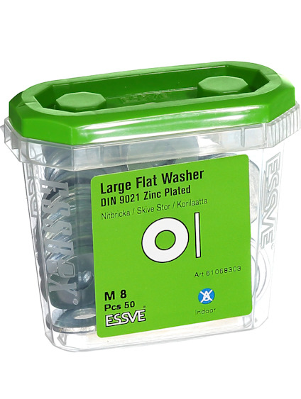 Behållare med grönt lock innehållande platta brickor, etikett med text: "Large Flat Washer DIN 9021 Zinc Plated".