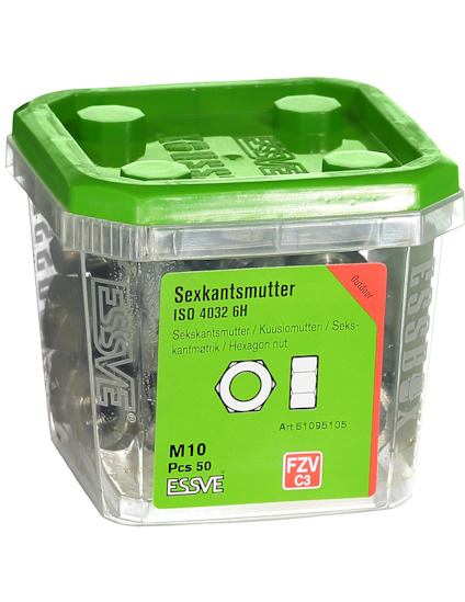 Sexkantmutter, ISO 4032 6H, M10, 50 st, i grön plastförpackning från ESSVE, artikelnummer 61095105.