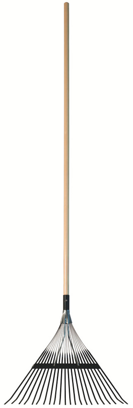 Lövräfsa med trähandtag och svarta metallpinnar i en solfjäderform.