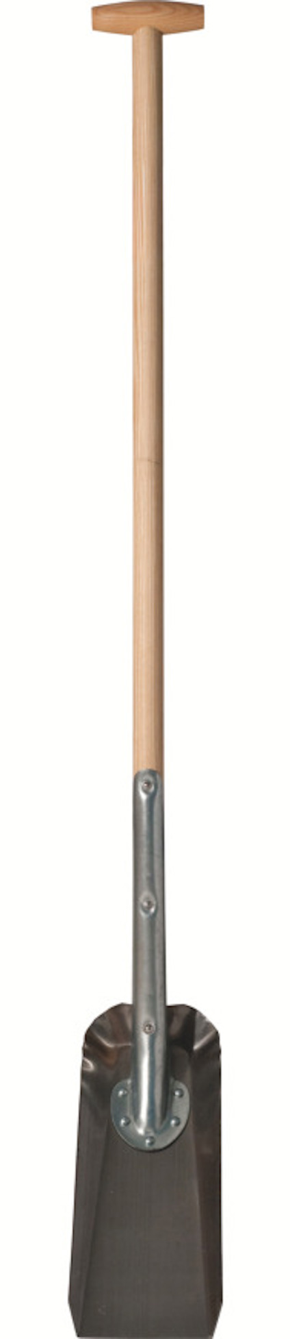 Skyffel med ett långt trähandtag och metallblad.