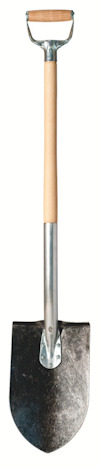 Spade med trähandtag och metallblad.