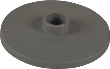 Rund, grå plastplatta med upphöjd mitt och texten "ESSVE INDU-PROG".