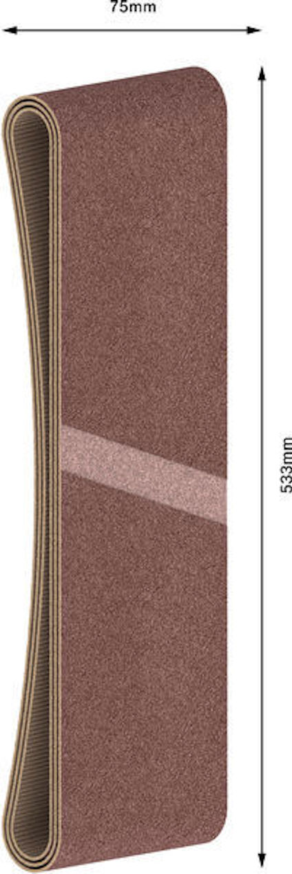 Slippapper, 75 mm brett och 533 mm långt, i form av en sluten slinga med grovbrun yta.