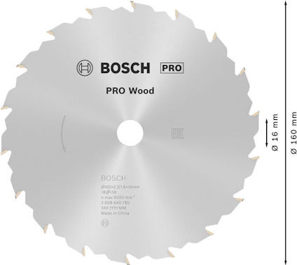 Cirkelsågklinga med text: "Bosch PRO Wood", diameter 160 mm, 16 tänder.