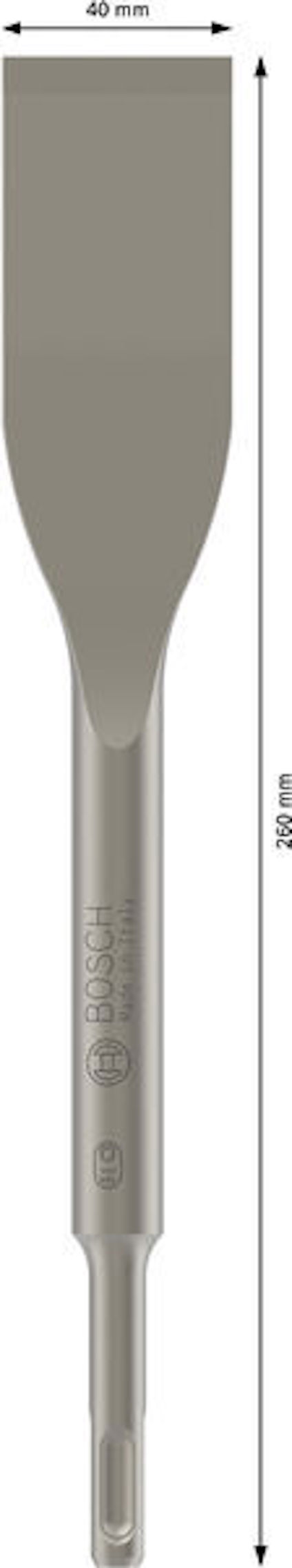 Mejsel med platt spets, Bosch-märkt. Måttangivelser 40 mm och 250 mm.