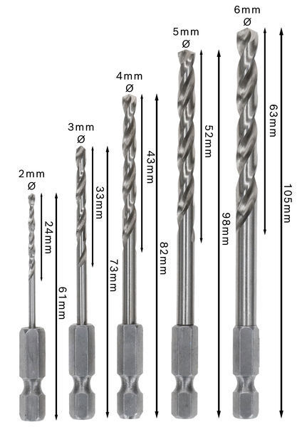 Sex metallborr av olika storlek, från 2 mm till 6 mm, med längdmått angivna i bilden.