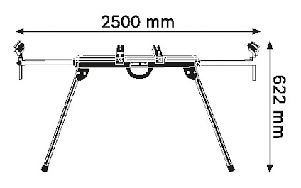 Ritning av en hopfällbar ram med fyra ben, måttangivelser 2500 mm bredd och 622 mm höjd.