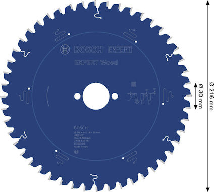 Blå cirkelsågklinga med vit text: "Bosch Expert Wood", diameter 216 mm, 30 tänder, 30 mm hålrum.