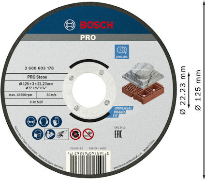 Rund slipsten med Bosch-logotyp, dimensionsdata och text: "PRO Stone", "Universal brand fit", "Longlife". Diameter 125 mm.