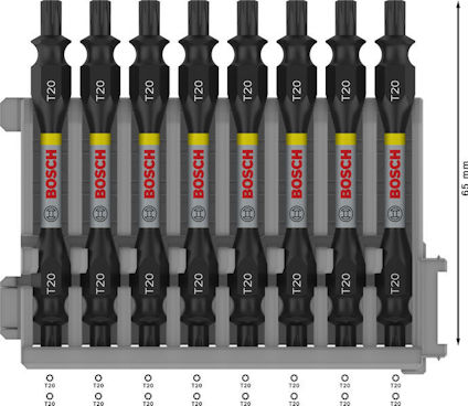 Bitsats med nio svarta Bosch T20 bits med grå hållare. Bitsen är 65 mm långa.