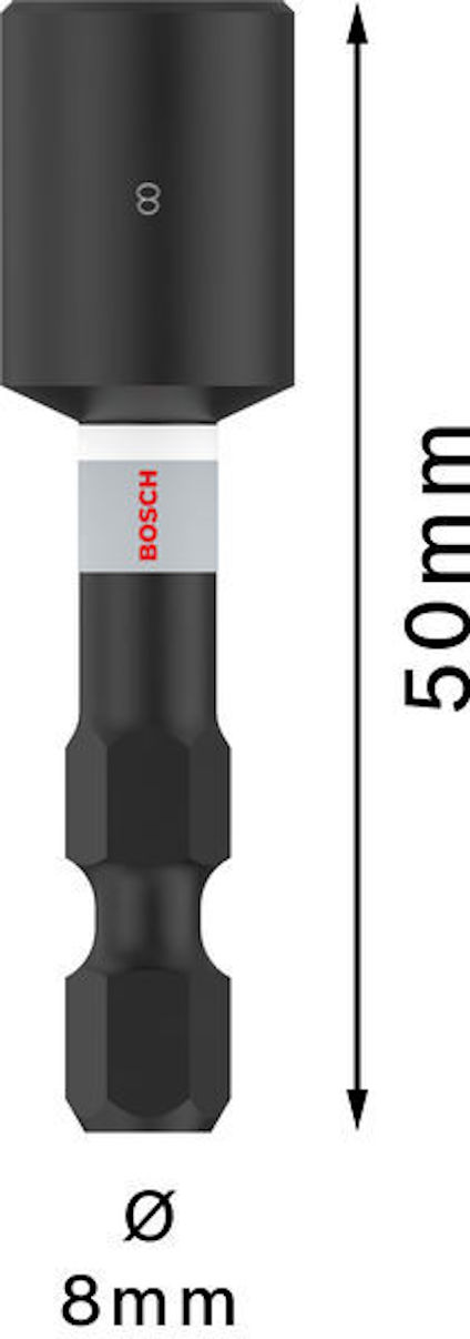 Bitshållare med 8 mm hylsa, 50 mm lång, svart med vit detalj och Bosch-märke.