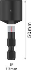 Svart hylsa med Bosch-logotyp, 13 mm diameter och 50 mm längd, markerad med mått.