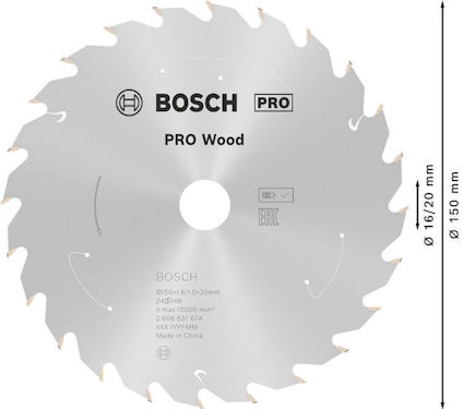 Klinga för träkapning med texten "Bosch PRO Wood", diameter 150 mm, håldiameter 16/20 mm.