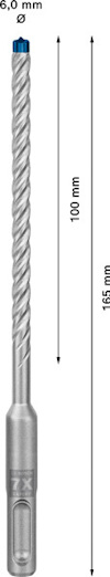 Borr med spiraldesign, 6,0 mm diameter och 165 mm längd med markeringar för längd och diameter.