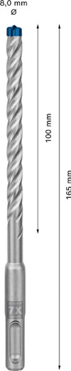 Borr av metall, längd 165 mm, arbetslängd 100 mm, diameter 8 mm.