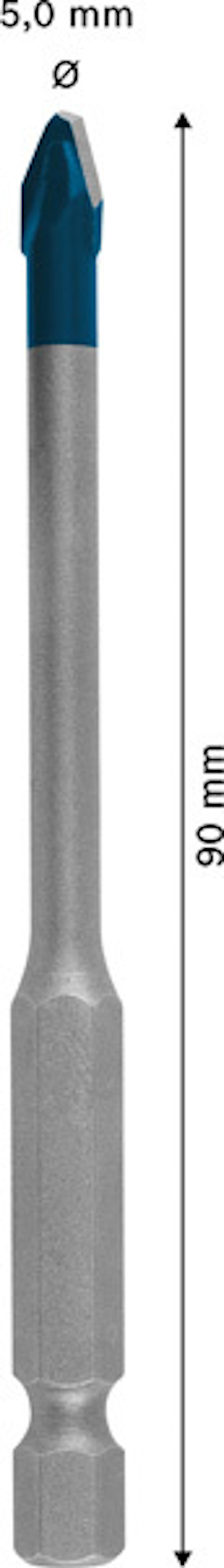 Borr med spets och skaft i metall, 5,0 mm i diameter och 90 mm i längd.