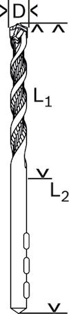 Illustration av en spiralborr med märkning av diameter (D), total längd (L1) och arbetande längd (L2).