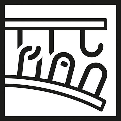 Svartvit symbol av tre krokformade objekt hängande på en rak linje.