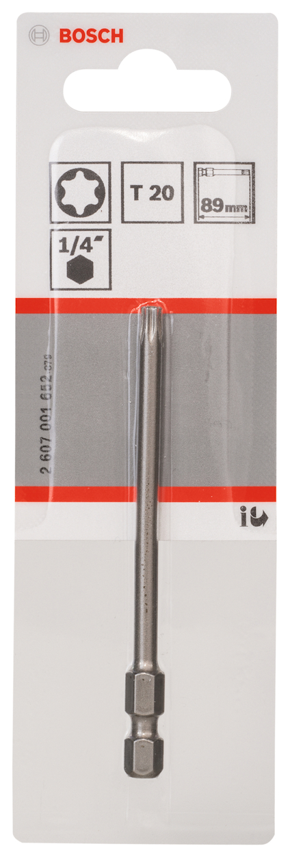 Förpackning med Bosch skruvbits, T20, 89 mm, 1/4" fäste.