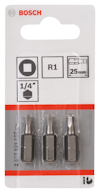 Tre kvadratmejselspetsar från Bosch, modell R1, 25 mm, 1/4 tum. Förpackning med upphängningshål.