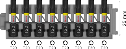Bitshållare med 10 svarta torsionsbits, märkta "T20" och "Bosch", placerade i en grå hållare. Hållarens mått anges som 25 mm höjd.