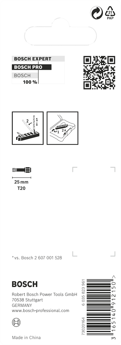 Förpackningens baksida med Bosch Expert-logotyp, QR-kod och information om verktygsblad. Made in China.