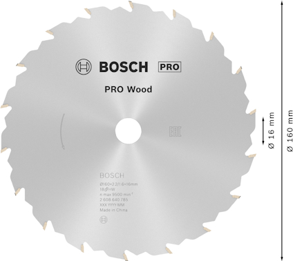 Rund sågklinga med texten "BOSCH PRO Wood". Diameter 160 mm, med 16 mm hål. 16 tänder för träbearbetning.