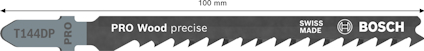 Sticksågblad från Bosch, 100 mm långt, märkt "T144DP PRO Wood precise", med information "SWISS MADE".