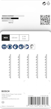 Förpackning med Bosch sticksågblad, HCS, 100 mm, 6 TPI, 4 mm. Innehåller streckkod och produktinformation.