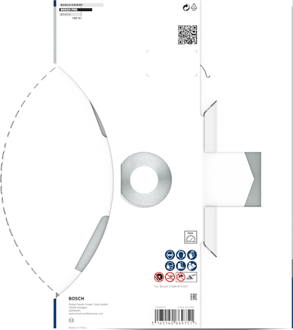 Förpackning till Bosch Expert slipverktyg med text och symboler för säkerhet och användning.