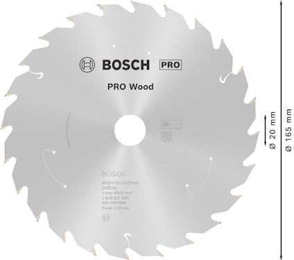 Cirkelsågblad med etikett "PRO Wood", 20 tänder, 165 mm i diameter. Bosch-logotyp och text; "Made in China".