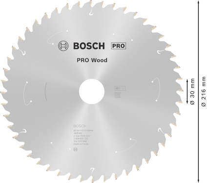 Cirkelsågblad med text: "BOSCH PRO Wood", diameter 216 mm, innerdiameter 30 mm, 60 tänder.