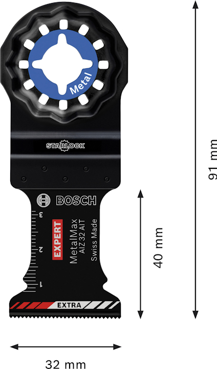 Starlock sågblad från Bosch, 32 mm bredd, 91 mm längd. Text: "Expert MetalMax Swiss Made."
