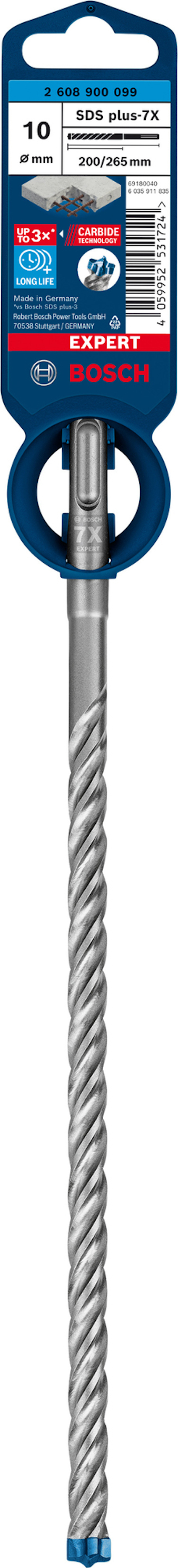 Borrkrona med spiralformad design, fastsatt på förpackning märkt "Bosch Expert SDS-plus 10x200mm".