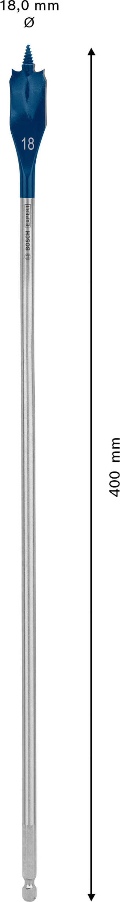 Spadeborr med blått huvud och 18 mm bladdiameter, total längd 400 mm.