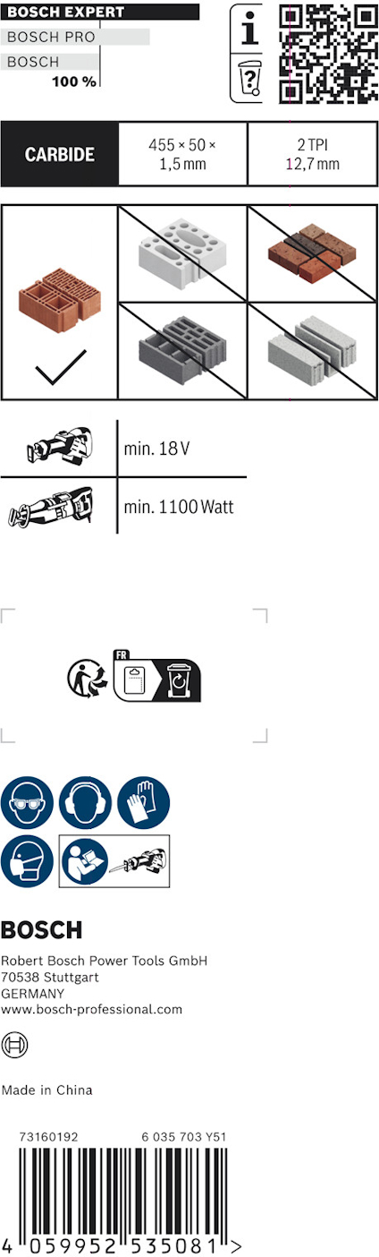 Förpackning med information om Bosch Expert 100 x 16 mm kapskiva för metall och kakel, kompatibel med 18V-verktyg.