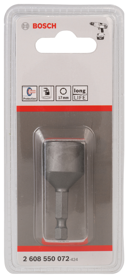 Förpackning med ett Bosch bits med nr. 2 608 550 072 och texten "Protection", "17 mm" och "Long Life".