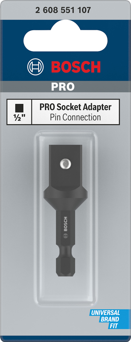 Förpackning med Bosch PRO-socketadapter, 1/2", med stiftanslutning, blå och grå design.