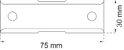 Rektangulär platta, mått 75 mm x 30 mm, med två cirkulära hål.