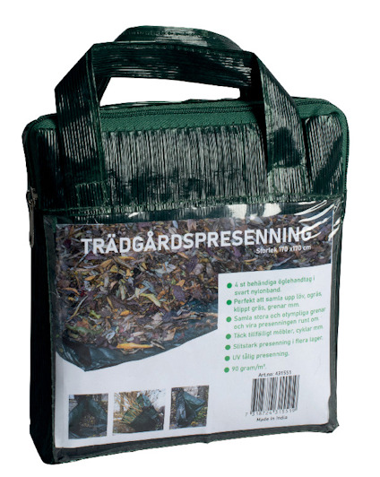 Förpackning med en trädgårdspresenning, 110x170 cm, svart, grön och grå, med bärhandtag och produktinformation på svenska.
