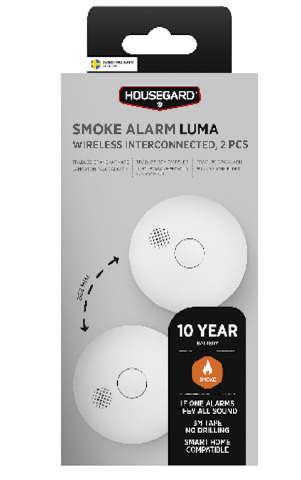 Förpackning med två trådlösa sammankopplade Housegard Luma brandvarnare, 10 års batteri.