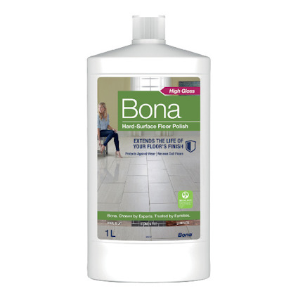 Flaska Bona golvpolish hög glans, 1 liter. Etikett med bild på kvinna och golv, text om skydd och förnyelse av trägolv.